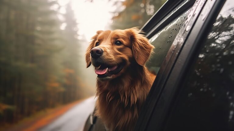 A dog is salivating a lot while looking out of a car window during a road trip. The dog appears happy, but the excessive drooling might indicate excitement, anxiety, or another underlying issue. A misty forest landscape is visible in the background.