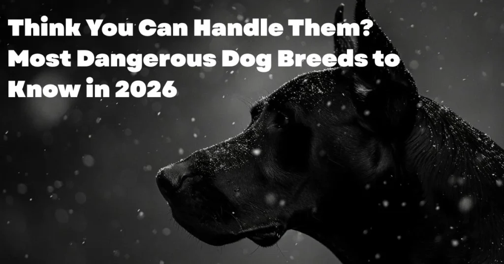Black dog in a dramatic low-light setting with falling snow, illustrating an article titled Most Dangerous Dog Breeds in 2026 and highlighting powerful, high-risk canine breeds.