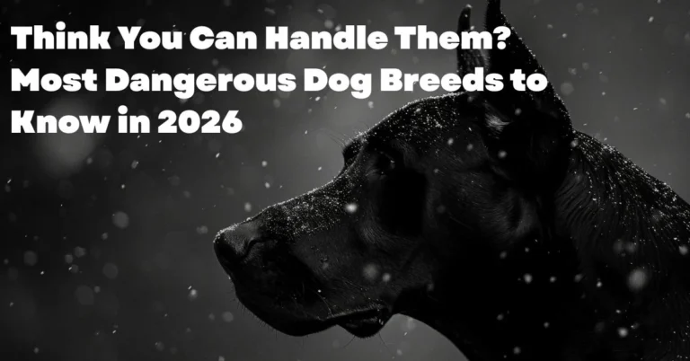 Black dog in a dramatic low-light setting with falling snow, illustrating an article titled Most Dangerous Dog Breeds in 2026 and highlighting powerful, high-risk canine breeds.